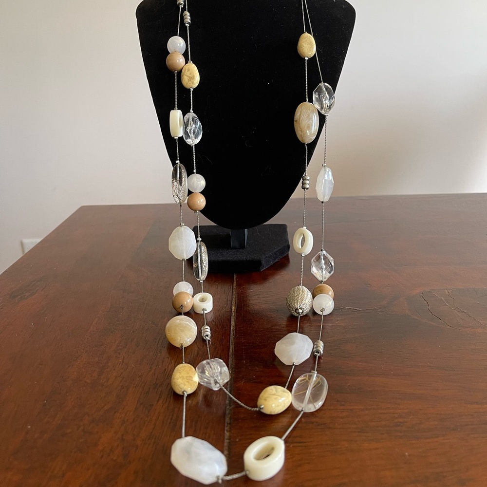Long double strands necklace beige and tan stations lucite silver tone 19 inch